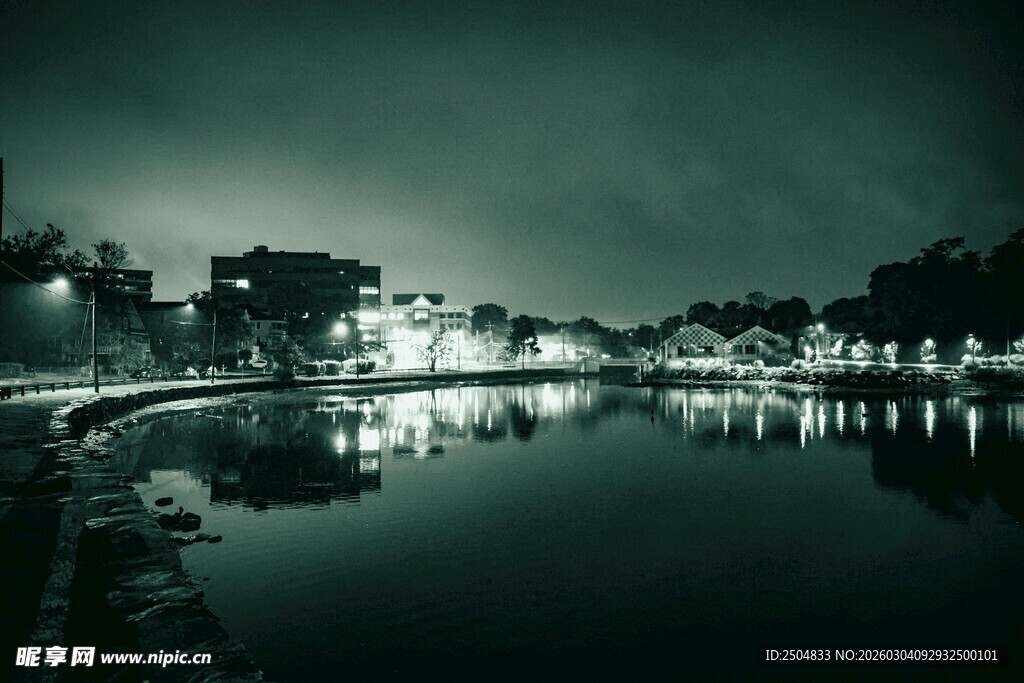 宁静夜色下的水边城镇