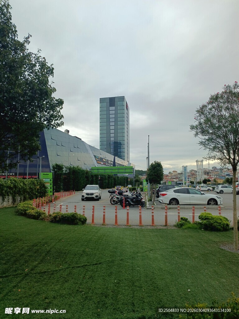 城市绿地与远处高楼景观