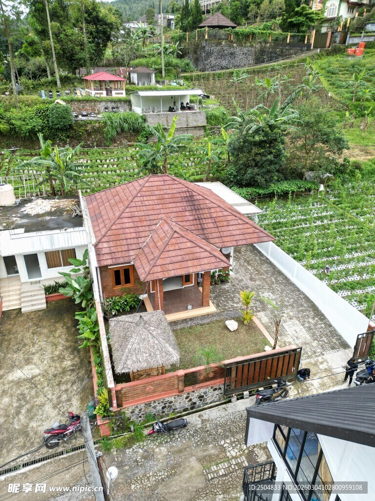 乡村独栋红顶小屋景观