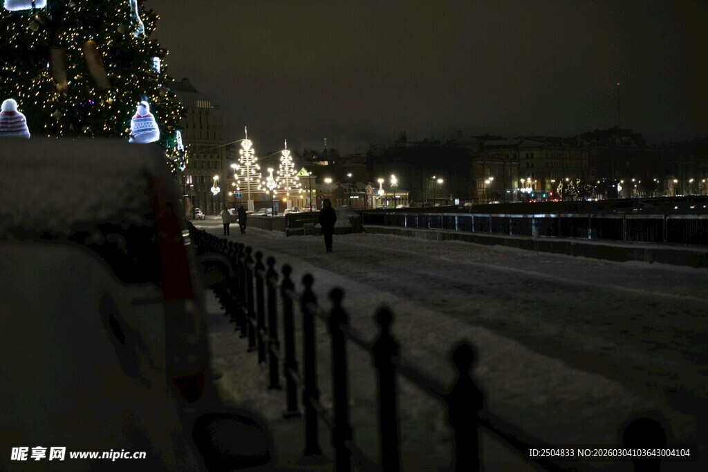 冬日夜景下的河畔围栏