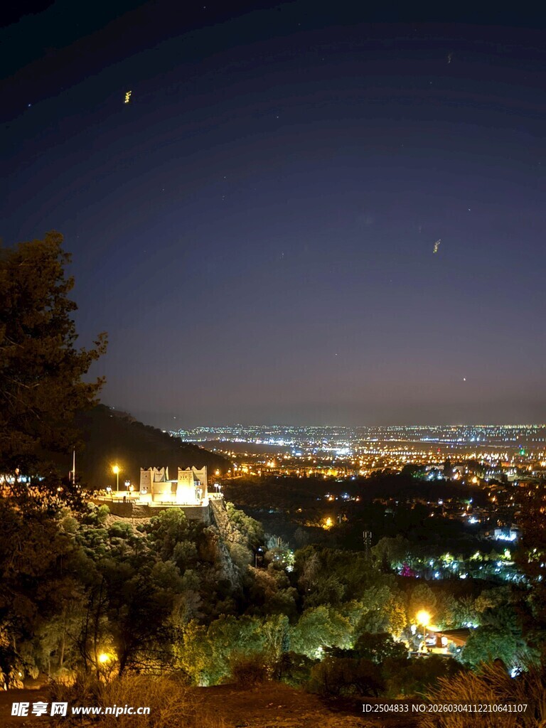 夜幕下的城市与山林景观