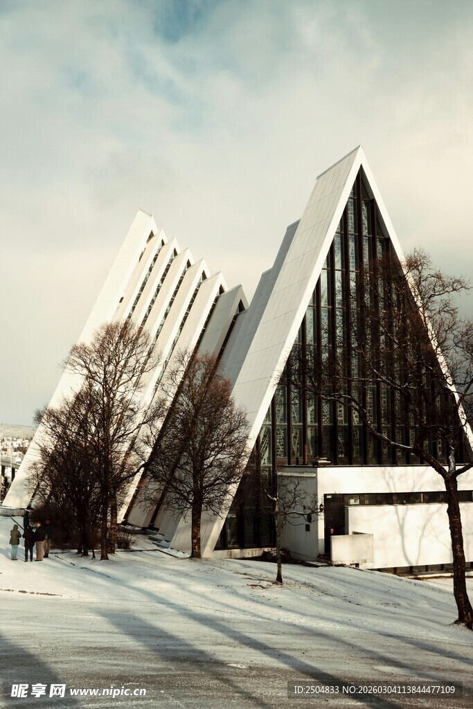冬日雪景中的现代独特建筑