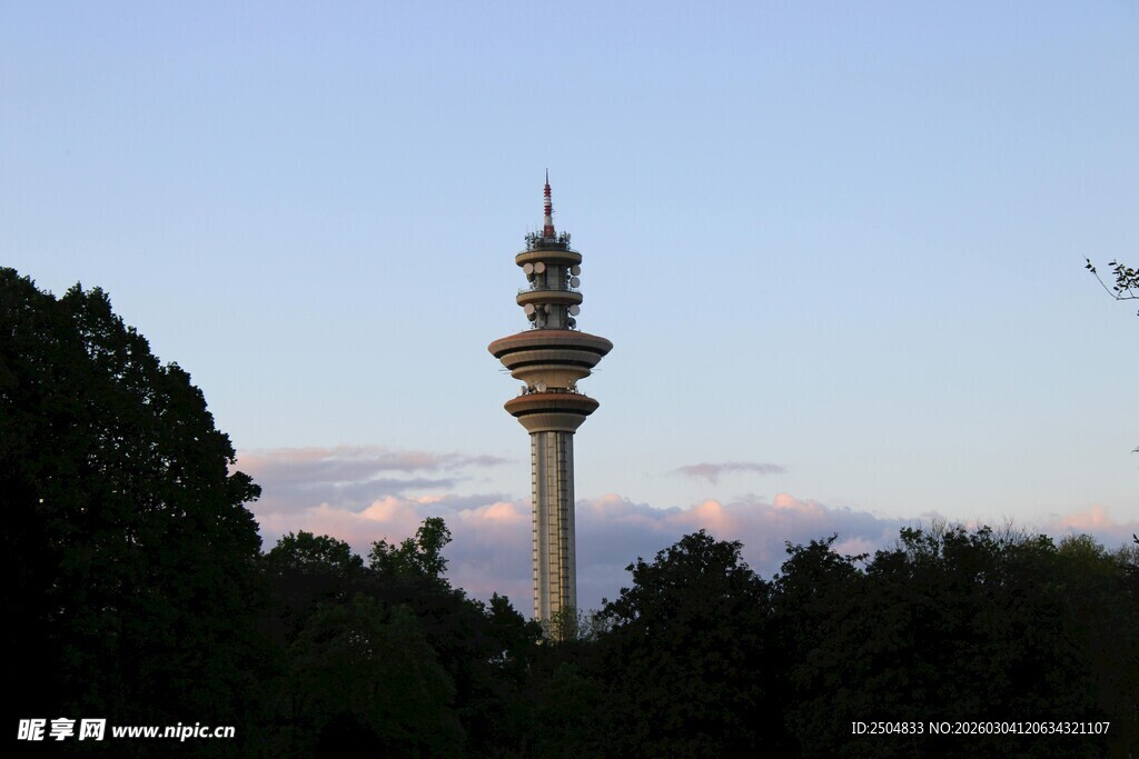 高耸塔楼立于葱郁林间