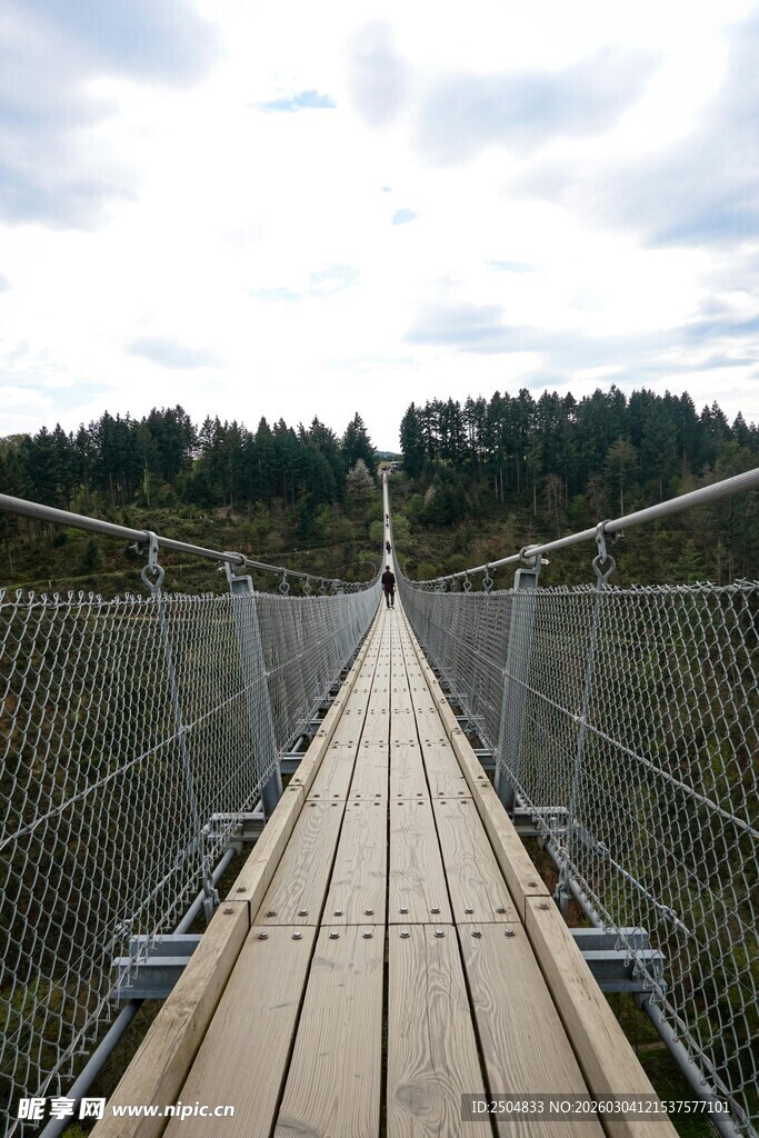 悬索木桥横跨绿野