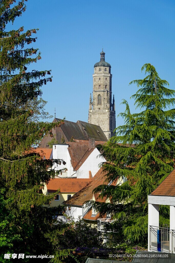 小镇风光中的古老塔楼