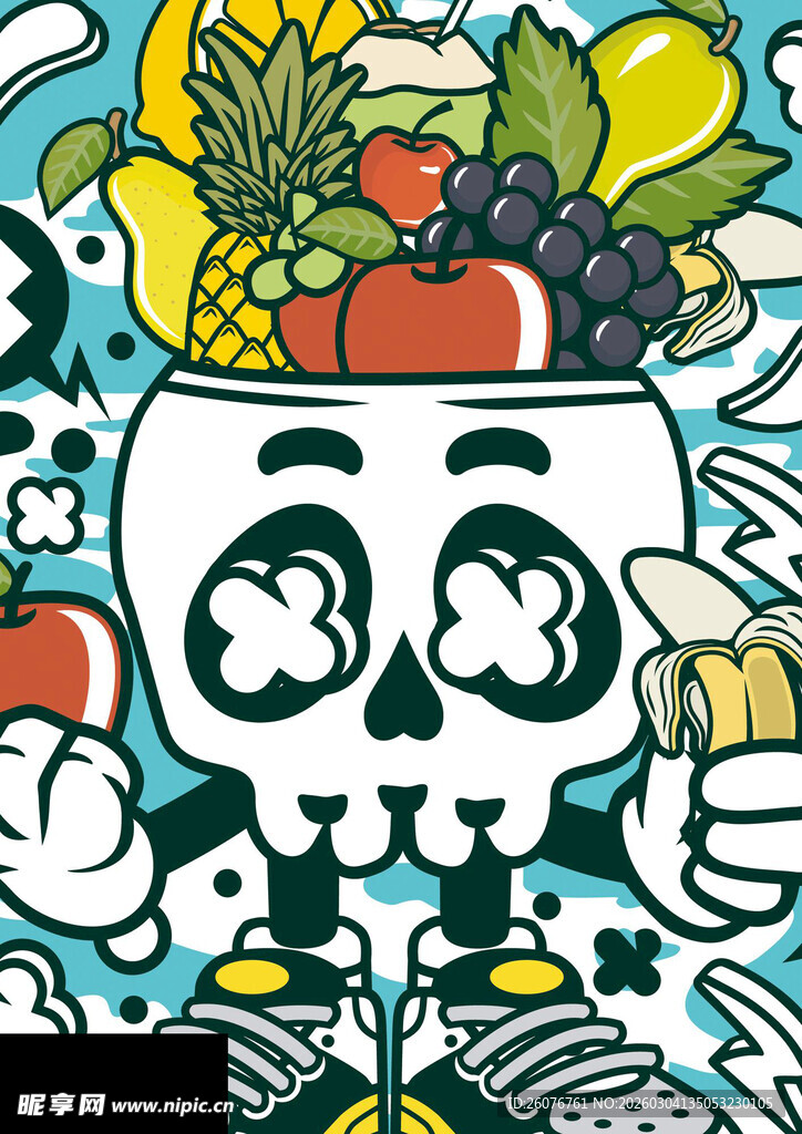 骷髅捧水果的潮流插画