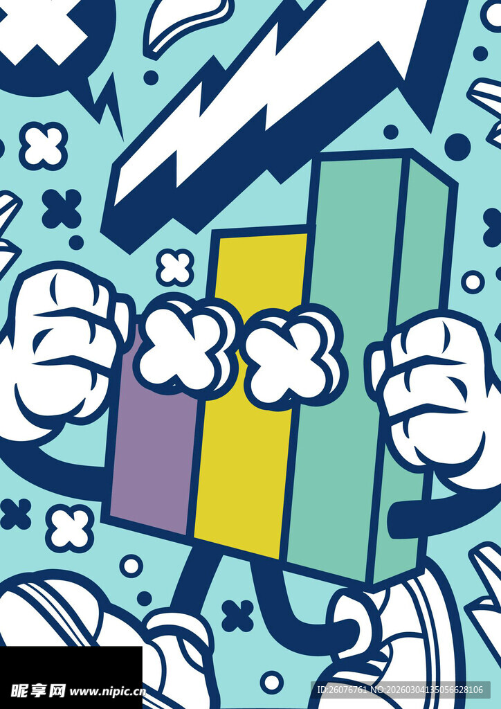 卡通人物奋力推多彩方块