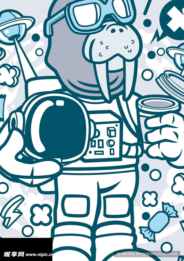 卡通海象宇航员形象插画