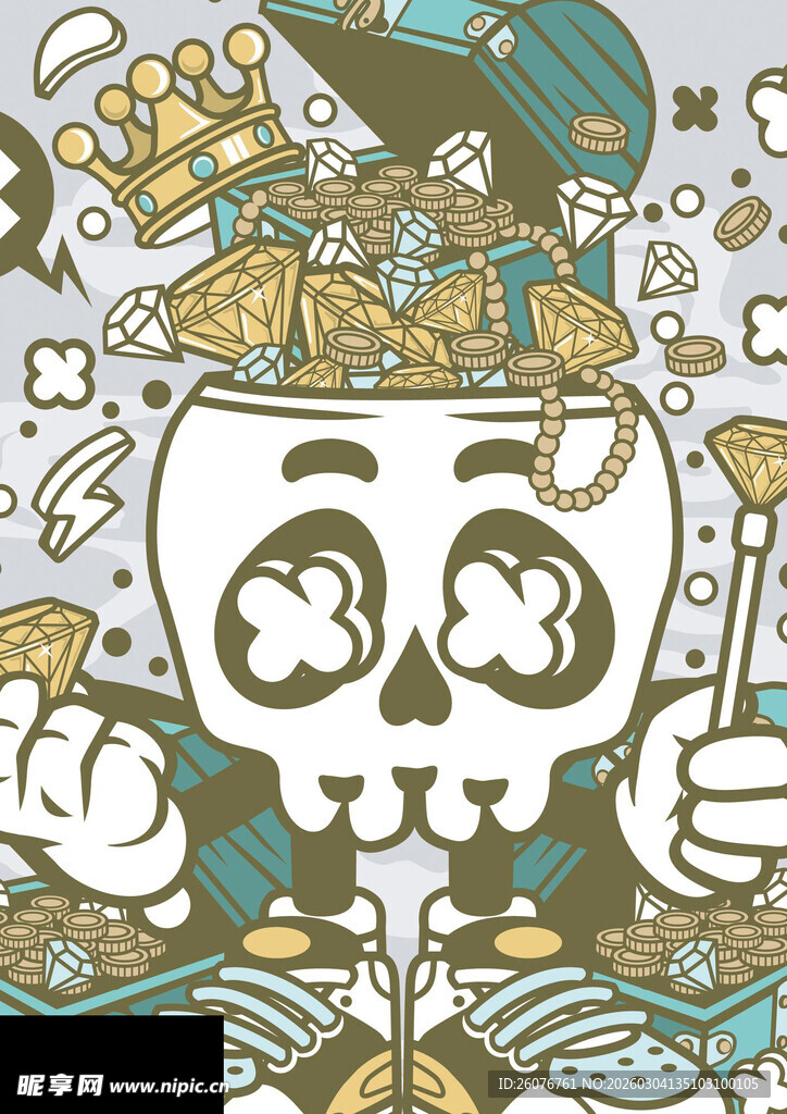 骷髅捧宝箱奇幻插画