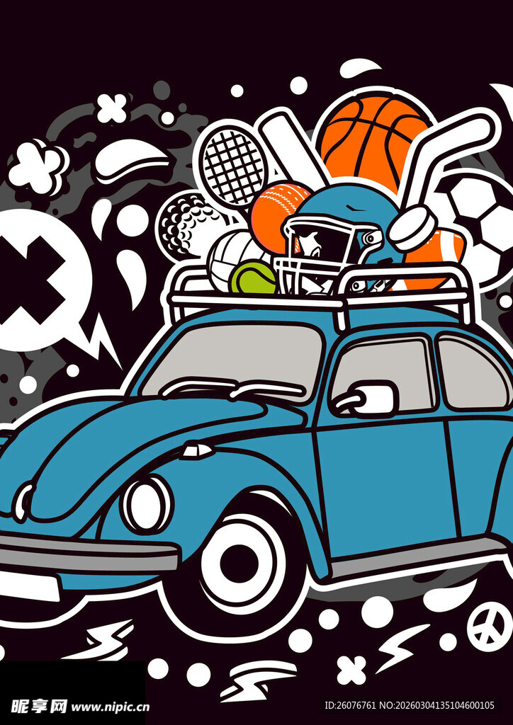 复古汽车载满运动器材