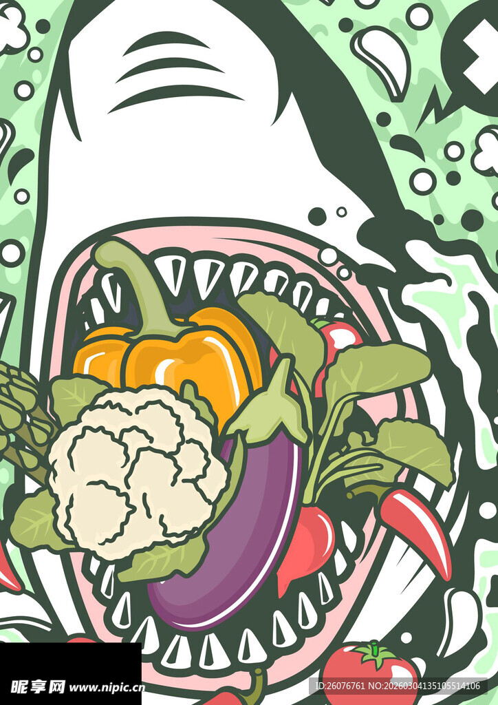 鲨鱼嘴中的缤纷蔬菜世界