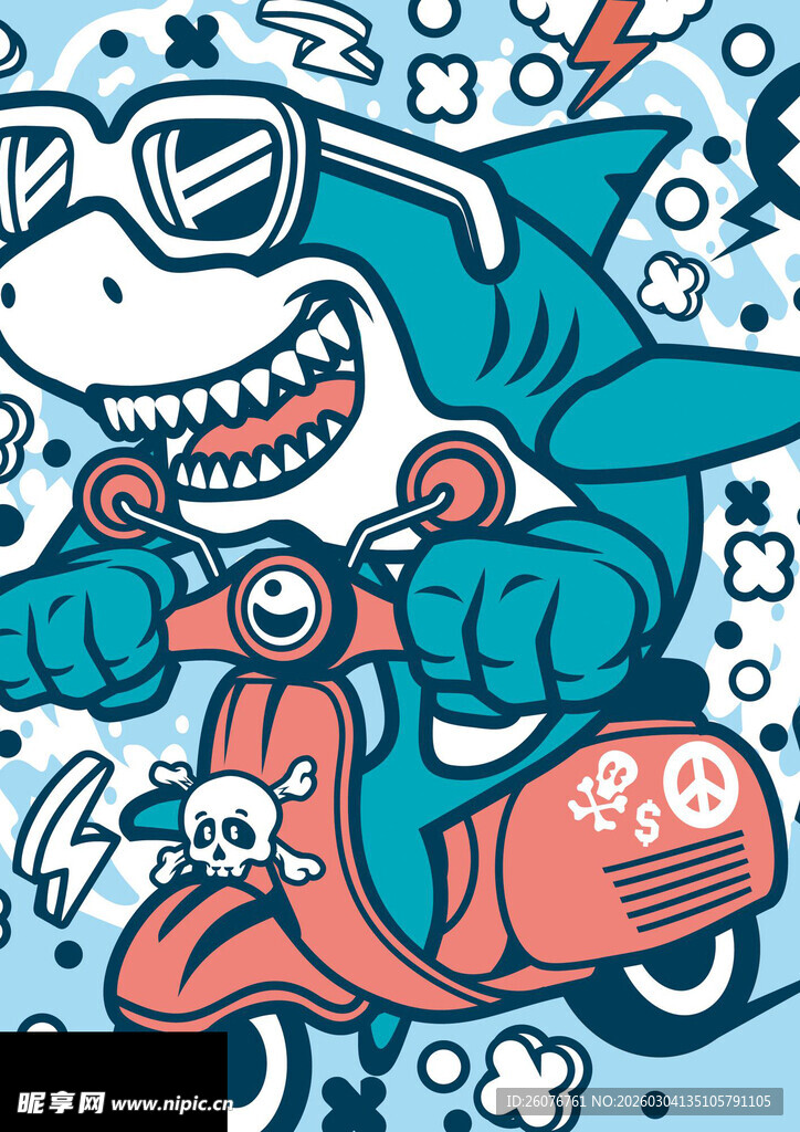 鲨鱼骑摩托的酷炫插画
