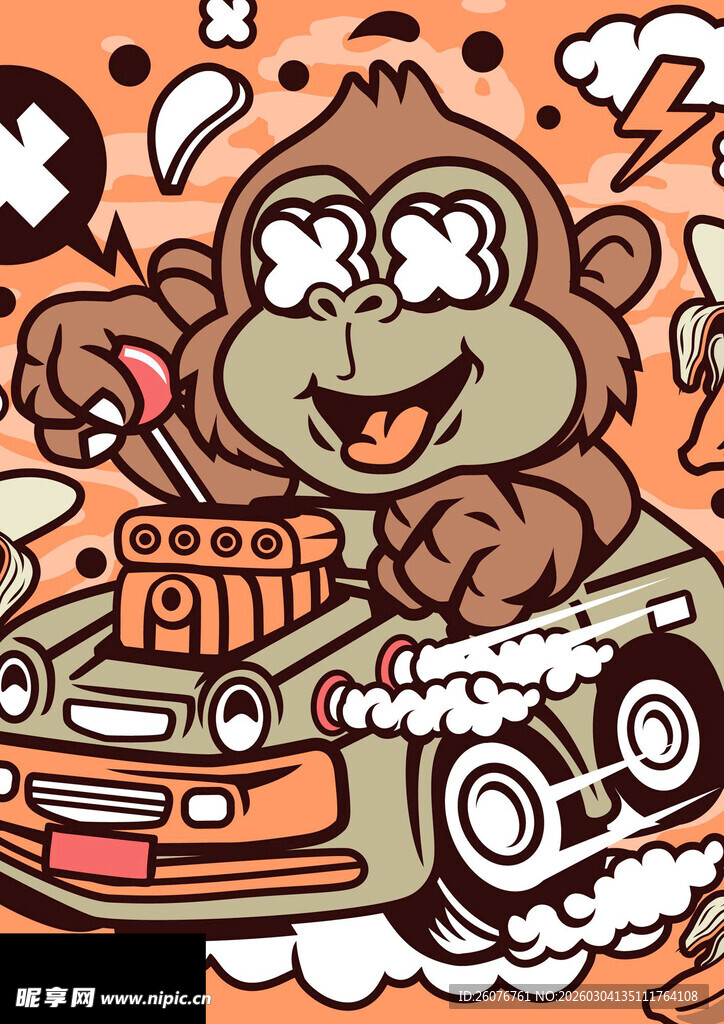 卡通猴子驾驶酷炫汽车