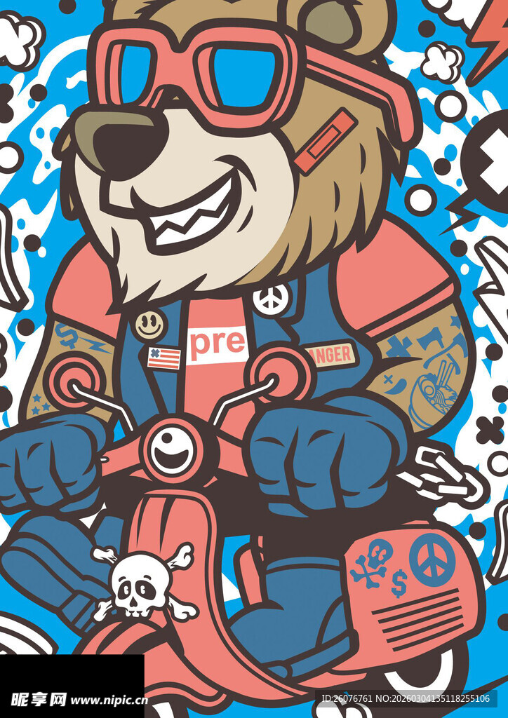 骑摩托的潮酷小熊插画