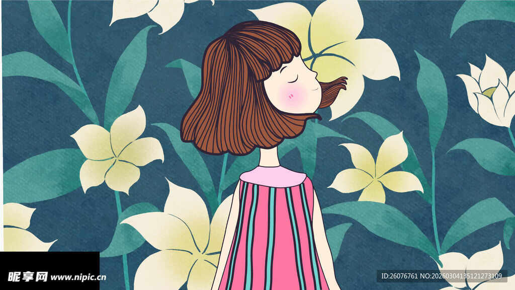 花丛中穿粉裙的女孩