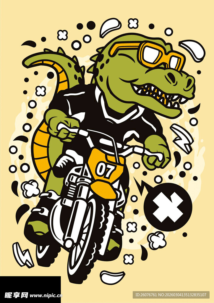 酷鳄鱼骑摩托卡通插画