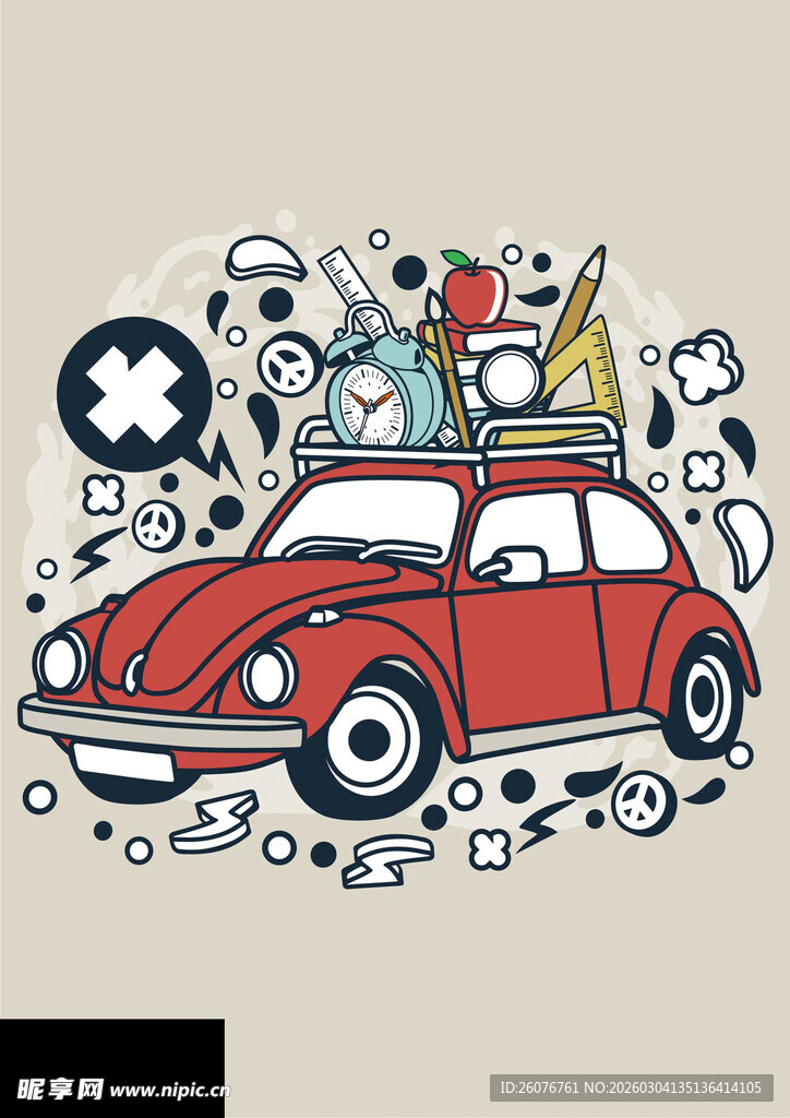 复古红甲壳虫汽车创意插画