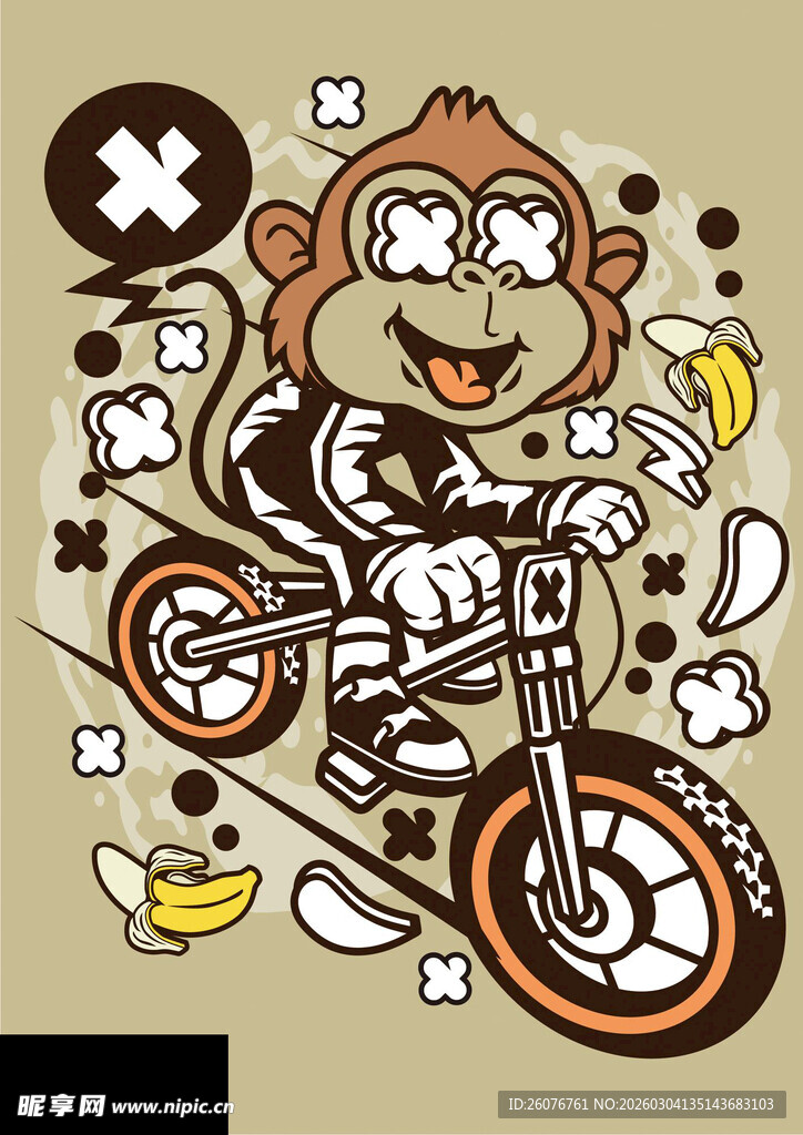 猴子骑摩托的趣味插画