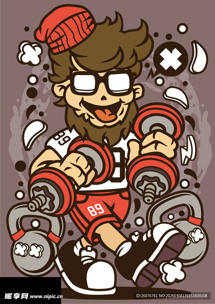 卡通潮男举哑铃健身