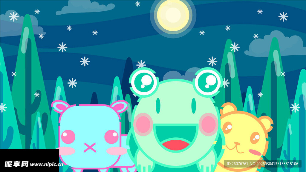 夜晚萌趣动物聚会