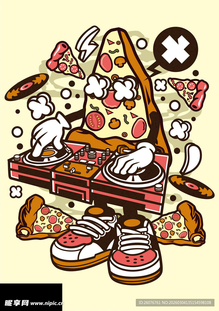 趣味披萨与休闲鞋插画