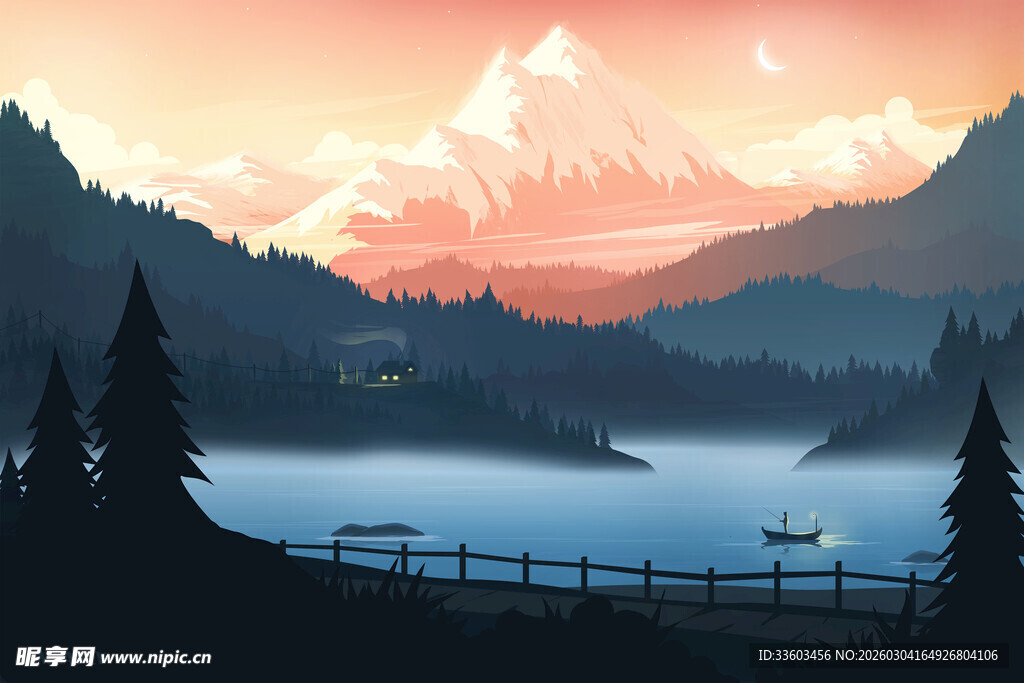 湖畔山林间的壮丽黄昏景色