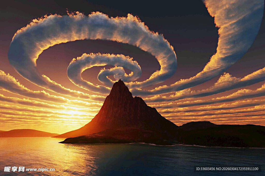 壮丽海上孤峰与梦幻云霞