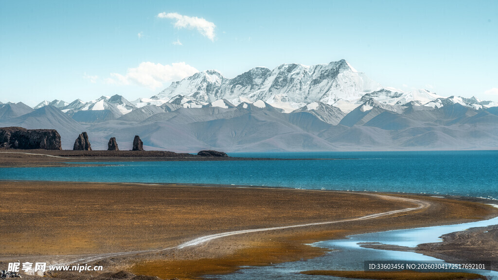 壮丽雪山下的辽阔湖泊