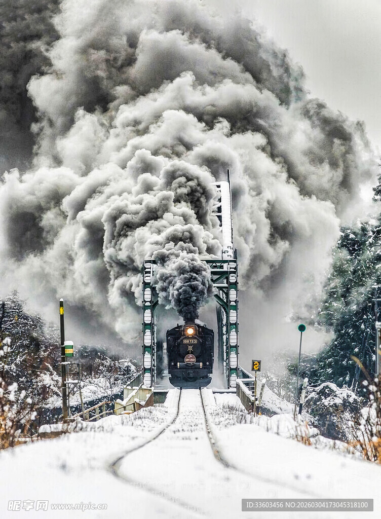 冬日蒸汽火车穿行雪景中