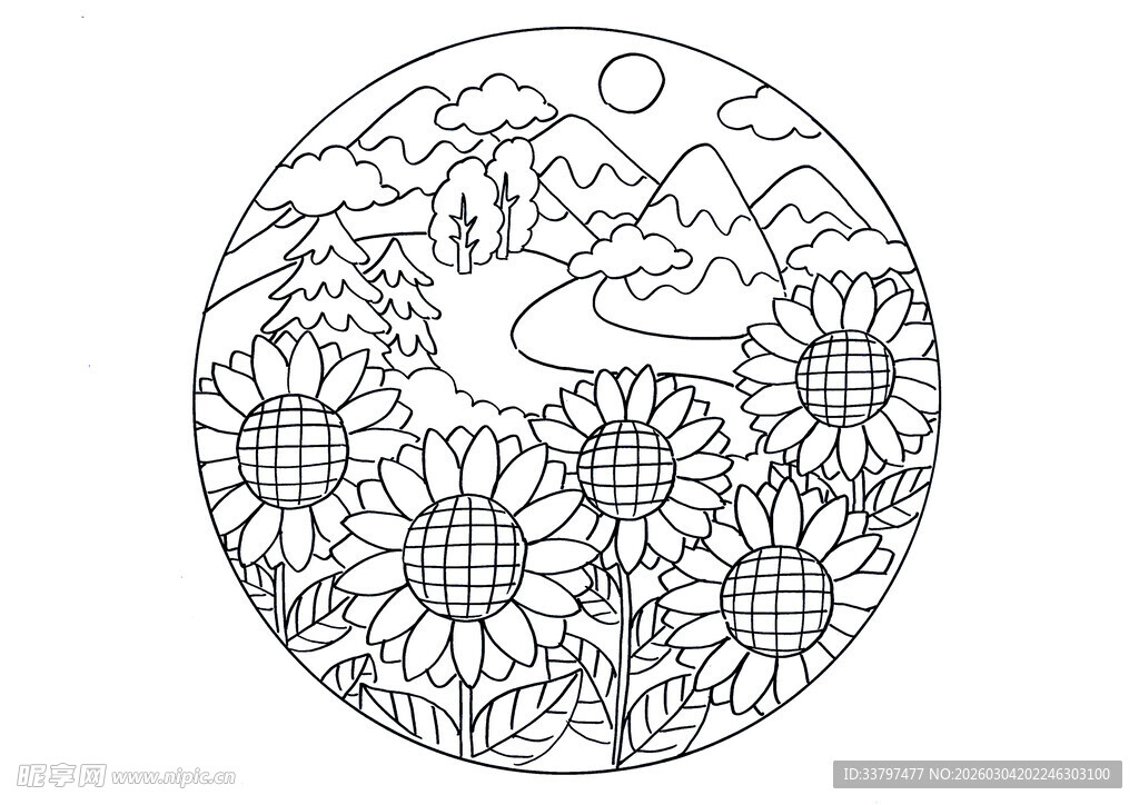 圆形花卉山水填色图案