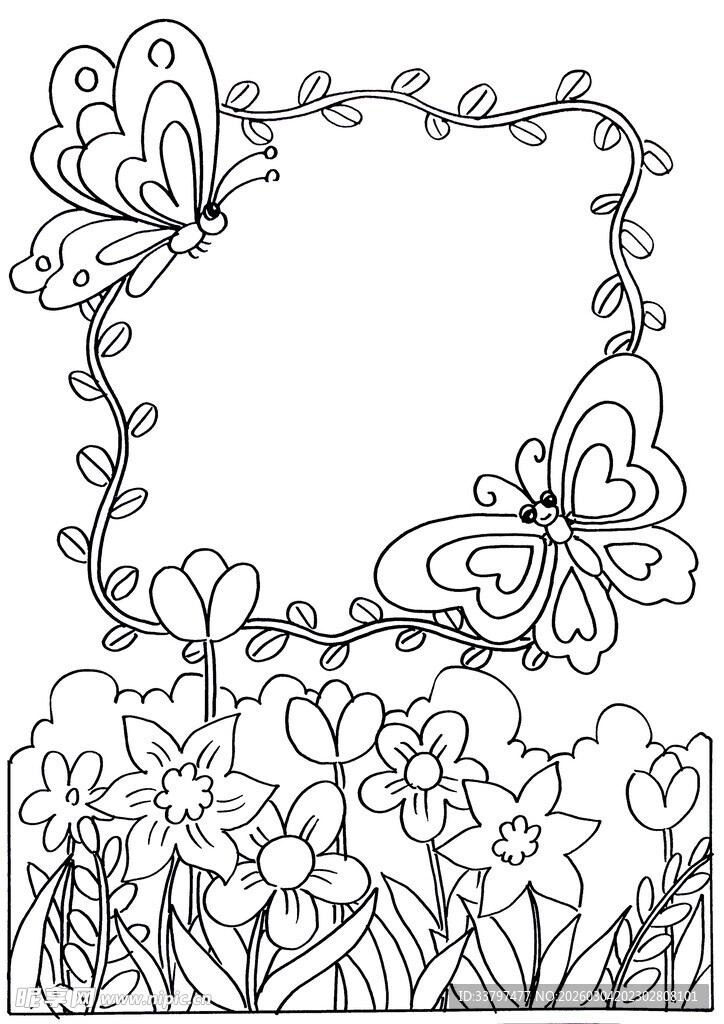 蝴蝶花卉边框线稿图案