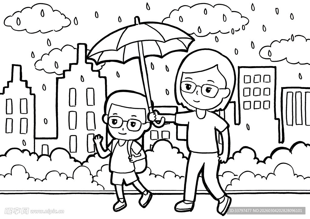 雨中母子撑伞温馨漫步