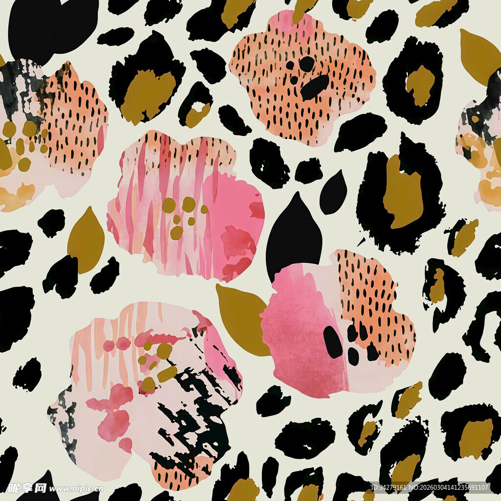 豹纹花卉拼贴抽象图案