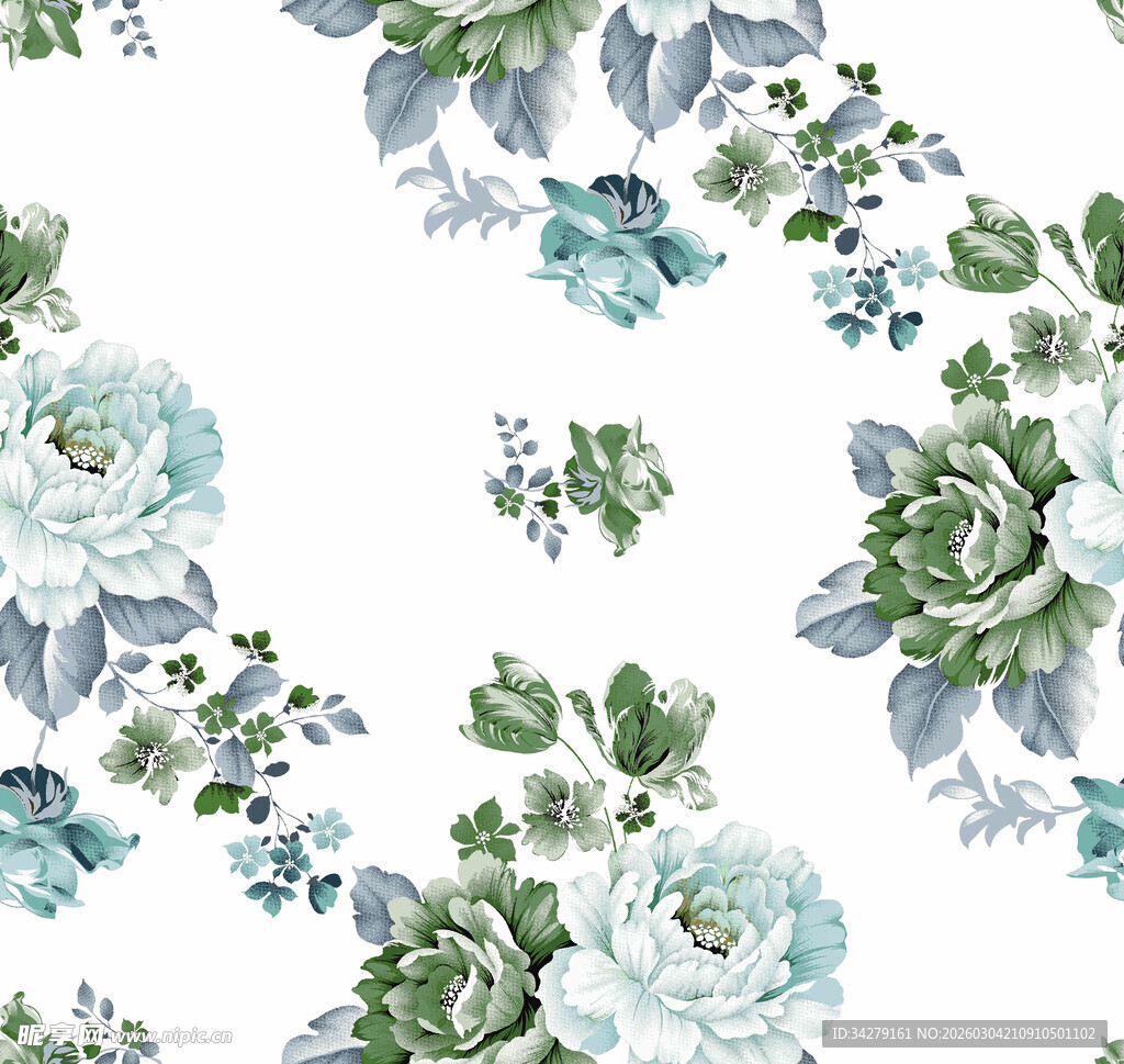 清新蓝绿花卉无缝图案