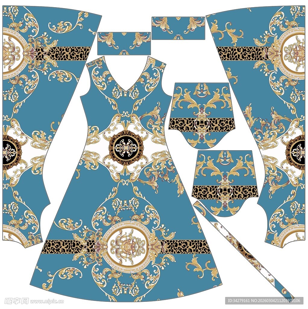 蓝底华丽花纹服饰设计图