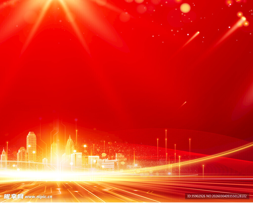 红色炫光城市科技背景图
