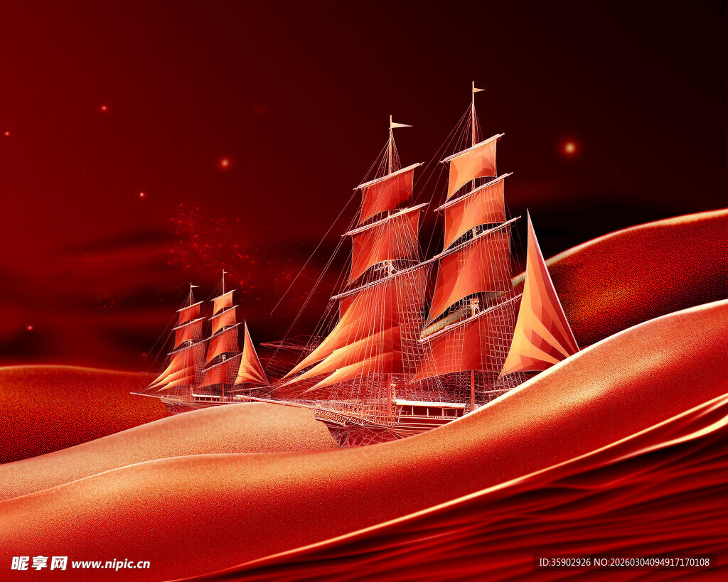 红色海洋上的古典帆船