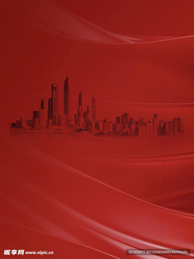 红色背景下的城市建筑剪影
