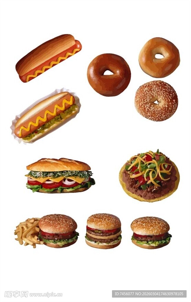 多样美味西式快餐集合