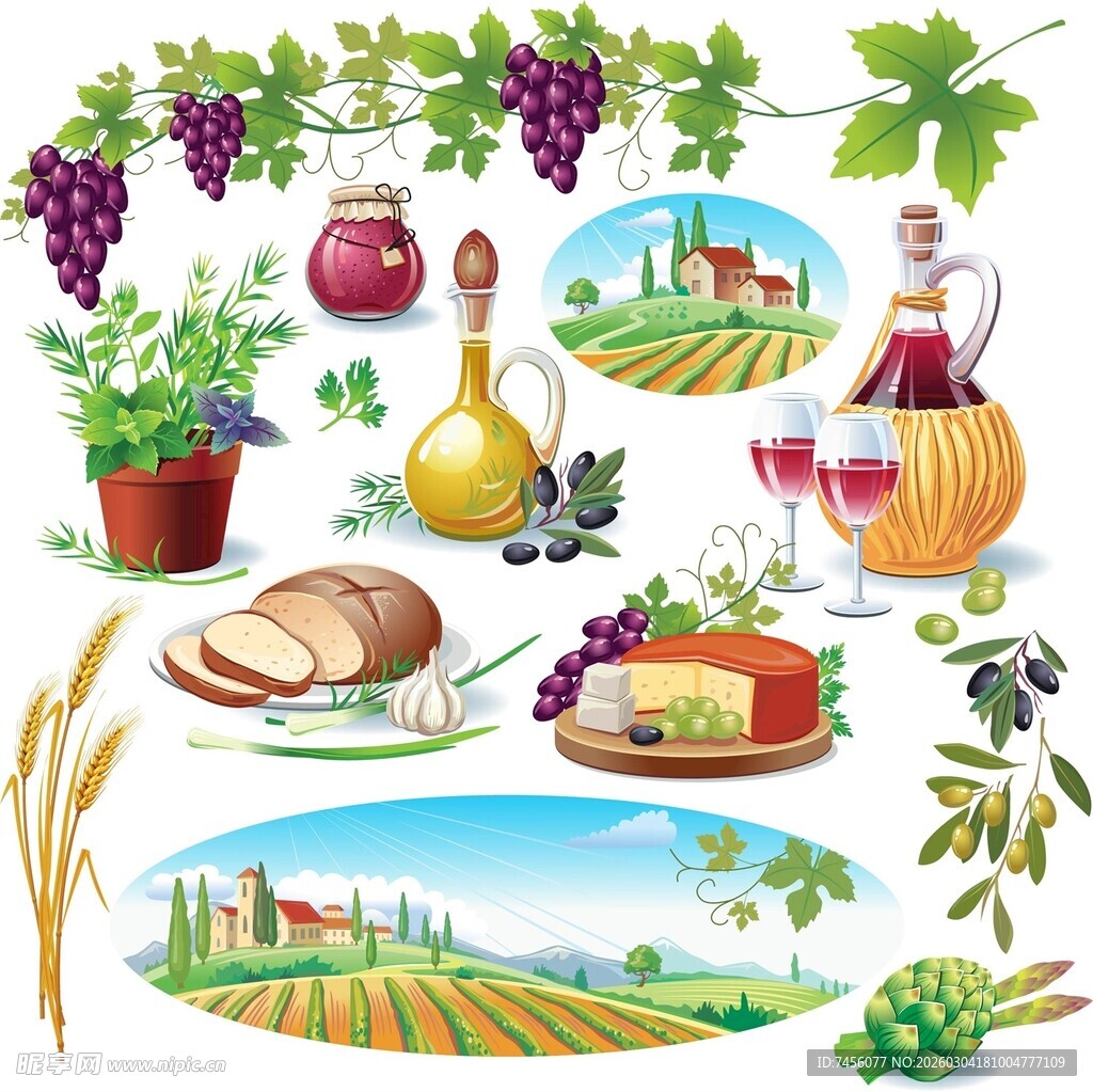 田园葡萄酒美食插画元素