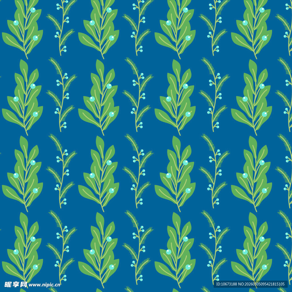 蓝色底绿叶植物图案背景