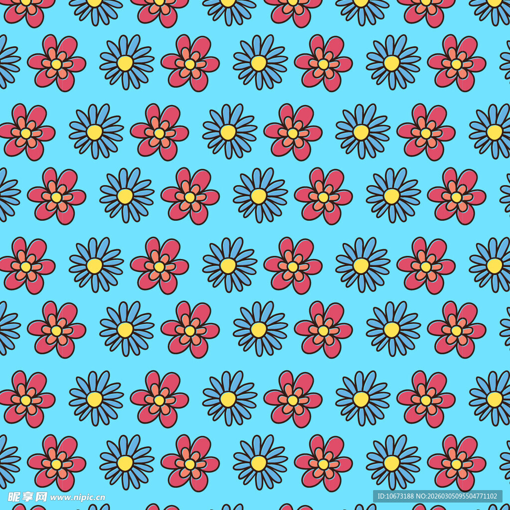 蓝色背景多彩花卉图案