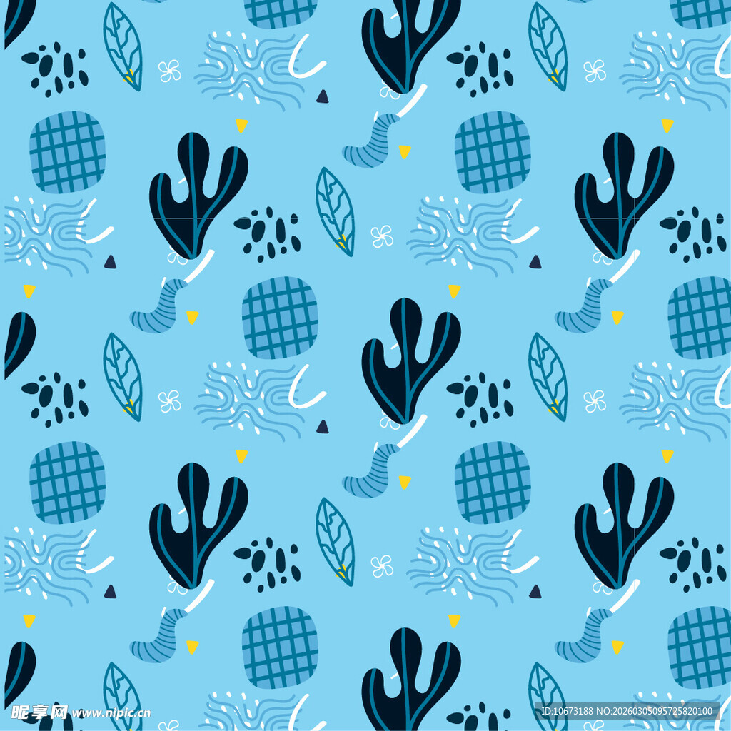 蓝色植物几何图案无缝背景