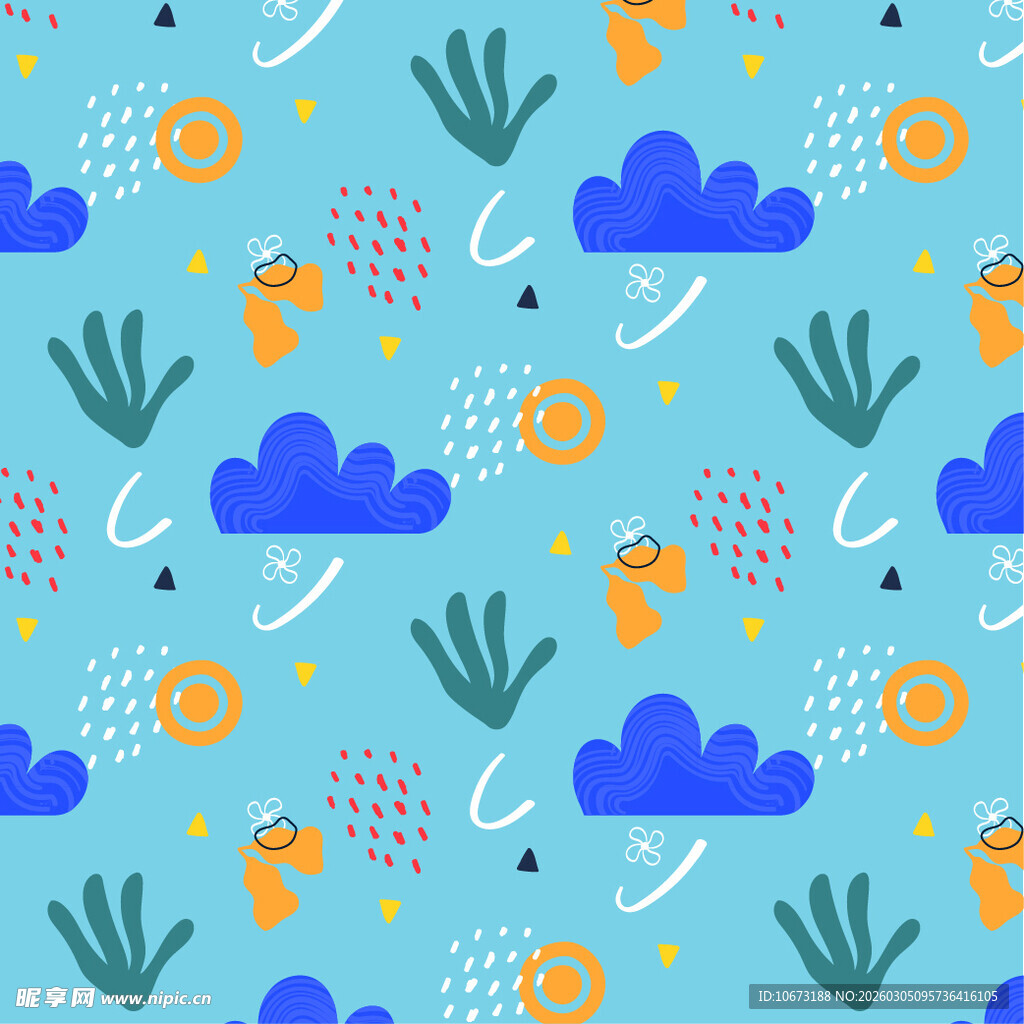 蓝色背景的可爱天气元素图案