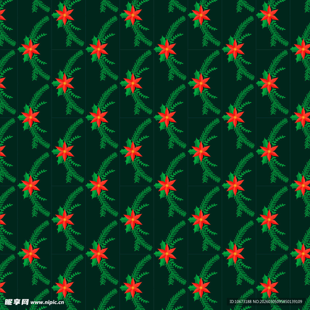 绿色底红花植物图案