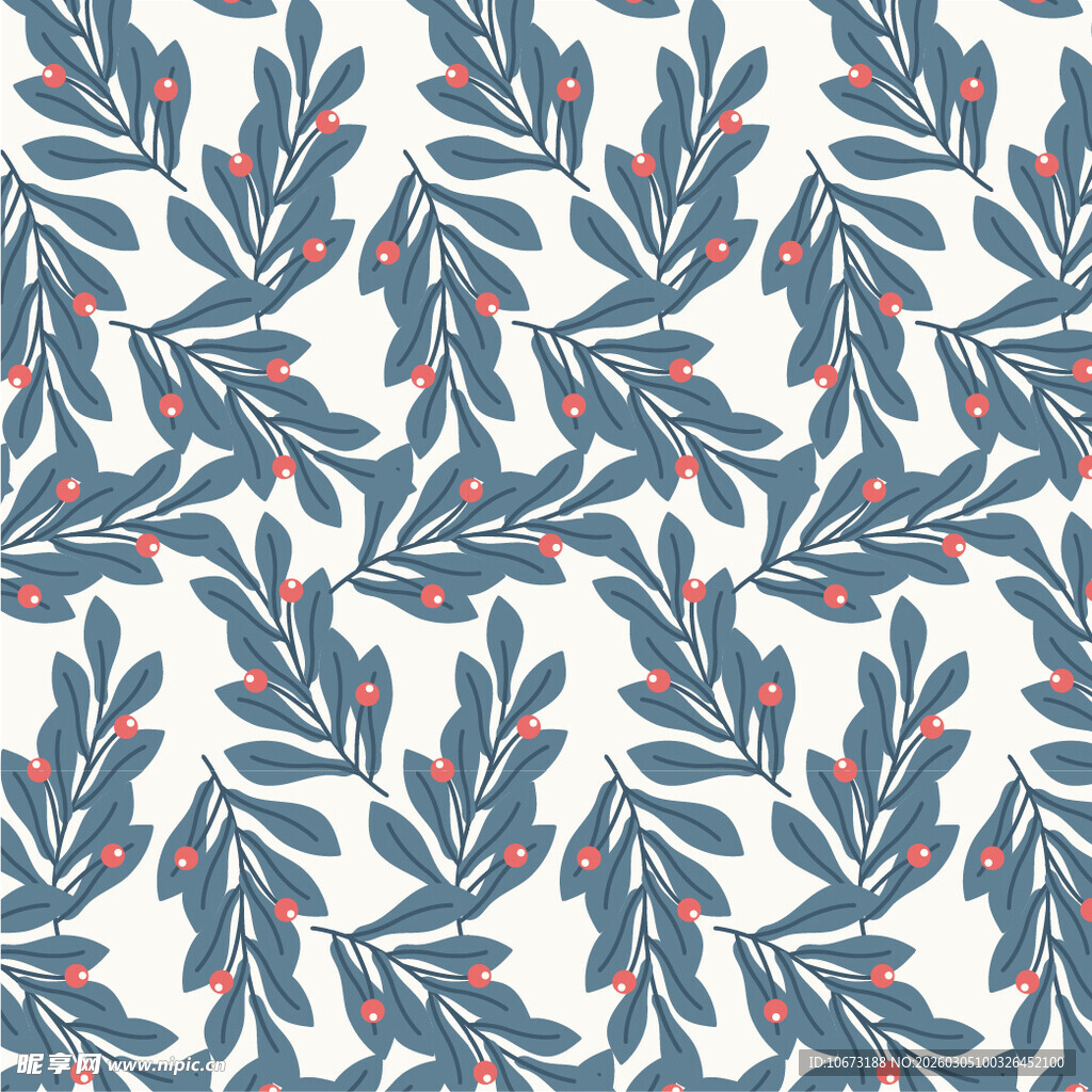 蓝叶红果简约植物图案