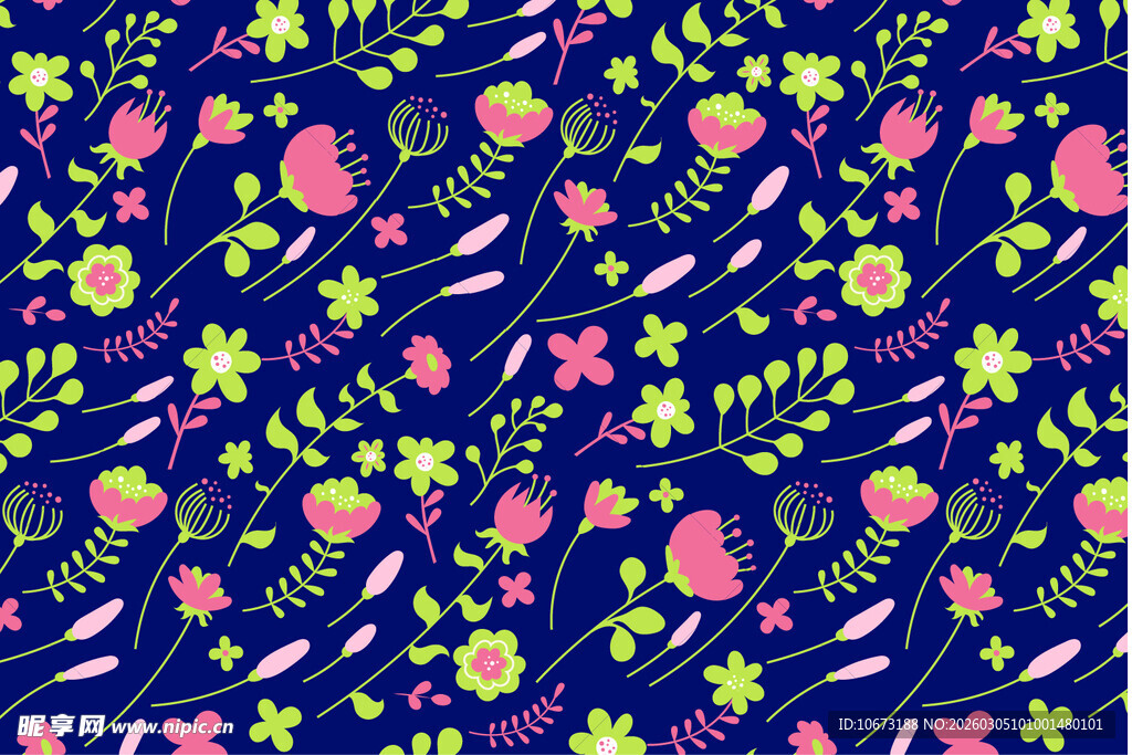 深蓝底多彩花卉植物图案