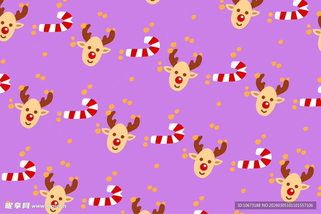 紫色背景圣诞驯鹿糖果图案