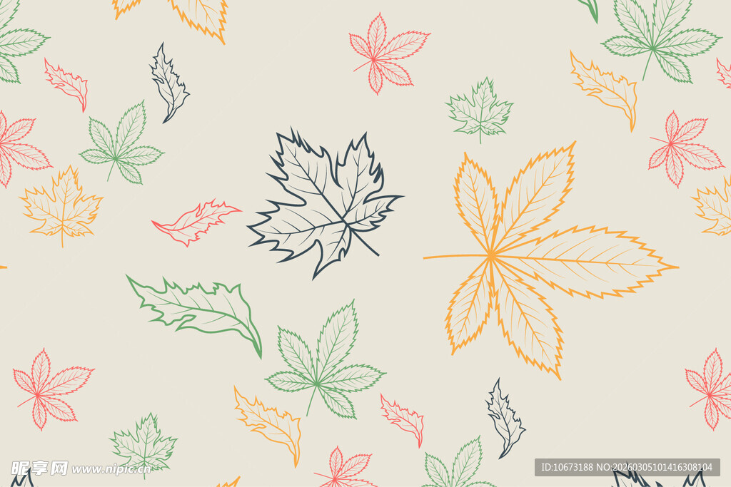 多彩手绘叶子与飞鸟图案