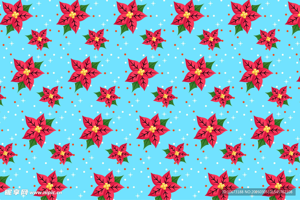 蓝色背景红色花卉图案